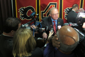 Glens Falls Mayor Jack Diamond at Calgary Flames press conference