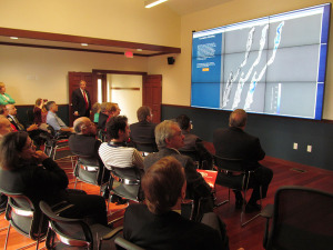 The high-resolution display wall in the Jefferson Project’s new Helen-Jo and John E. Kelly III ‘78 Data Visualization Laboratory at the Darrin Fresh Water Institute in Bolton. This shot shows three different circulation levels in Lake George.