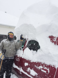 Check the depth of the snow on top of Rich Kaiser’s car in Lancaster.