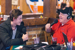 Dan Miner interviews Adirondack Flames defenseman Ryan Culkin for his WCKM weekly radio show, Center Ice, at O’Toole’s in Queensbury. Photo provided