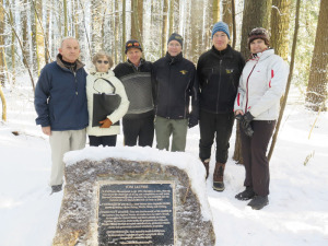 At Saturday’s dedication, from left, Bill Parks, Marilyn, John and Jeff Jacobs, Friends of Cole’s Woods President Bill Blood, Glens Falls Tourism Director Amy Collins. Chronicle photo/Mark Frost     