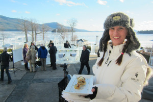 The Sagamore’s Ice Bar — Opening day last year, in frigid cold, with Dome Island in the background.