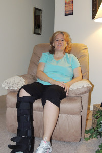 Karen Ross broke her back, tailbone and an ankle. After a week in the University of Vermont Medical Center, and another week in a rehab center, she’s recovering at her mother’s Queensbury home. Chronicle photo/Gordon Woodworth