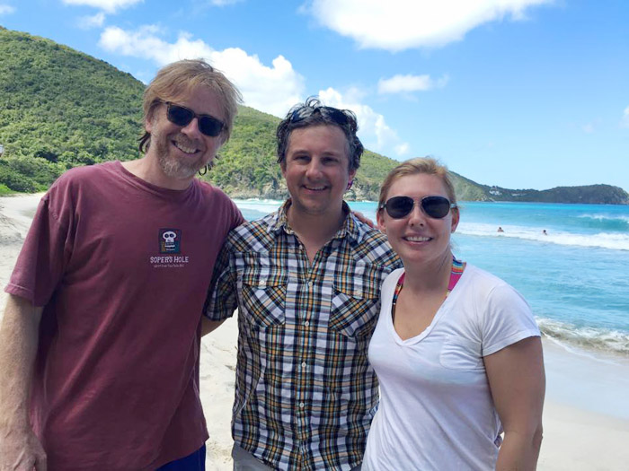 On a Virgin Island beach last February Phish’s Trey Anastasio, left, with Matt and Nancy Fuller Photo provided