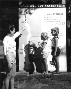 Publicity shot — Amanda Struble (Diane’s mother), tracks Diane’s progress with the swimmer’s daughters Debbie (2), Sylvia Gwenne (4) and Stephanie (5). Note the Schaefer beer logo on the poster.