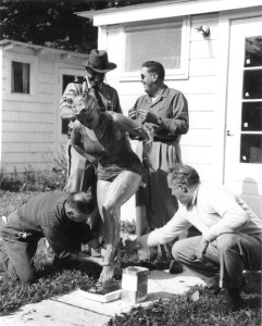 Preparations — Struble was covered in five pounds of grease before her monumental Lake George swim, to ward off the cold. Photos from Gwenne Rippon’s Collection