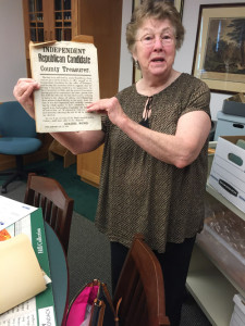 Kit Cornell displays her great great grandfather Asahel Wing’s 1870 declaration of candidacy for Washington County Treasurer. Asahel was Abraham Wing’s great grandson. Chronicle photo/Mark Frost