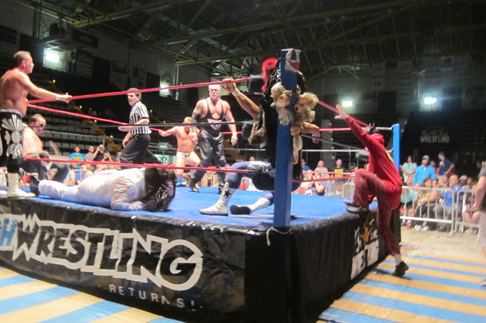 Six men in a ring — A trio of favorite local high-personality bad guys battled organizer Shane Alden (far left), guest star Kevin Nash (center, with the pecs), and Shane’s brother Eric.