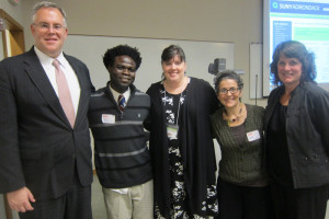 Joseph Kaifala of Sierra Leone (second from the left) with Assemblyman Dan Stec, World Awarreness Children’s Museum director Heather Hickland, Skidmore professor Kate Graney and event organizer Elizabeth Little Hogan. Chronicle photo/Cathy DeDe