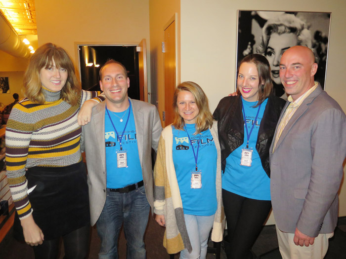 All smiles at the finale. The leadership of the first-ever Adirondack Film Festival, from left: Jessica Levandoski, Programming Director; Chad Rabinovitz, Festival Director; Jessica Reed, Event Director; Bridget Dunigan, Managing Director; plus Andrew Meader, board president of the Adirondack Theatre Festival, which launched the Film Fest. Mark Frost photo