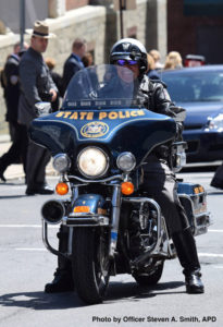 Trooper Pratt led Governor Andrew Cuomo’s Sept. 11th Memorial Motorcycle Ride from Albany to New York City earlier this year. Albany Police photo by Steve Smith